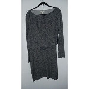 H by Halston Dress XL Black White Speck Draped Waist Round Neck Long Sleeve Midi